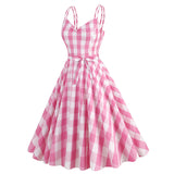 1950S Belted Barbie Pink Plaid Women's Camisole Vintage Dress