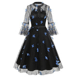 1950S Black A-Line Bow-Tie Neckline Embroidery Sheer Bell Sleeves Vintage Dress with Blue Floral