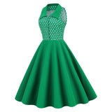 1950S Classic Green Polka Dot Collared Sleeveless Vintage Swing Dress