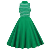 1950S Classic Green Polka Dot Collared Sleeveless Vintage Swing Dress