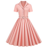 1950S Classic Pink Belted Swing Short Sleeves Vintage Dress