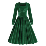 1950S Emerald Green Velvet Long Sleeve A-Line Square Neckline Dress