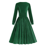 1950S Emerald Green Velvet Long Sleeve A-Line Square Neckline Dress