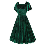 1950S Emerald Green Velvet Square Neck Short Sleeve Swing Dress with Rhinestone Accents