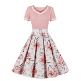 1950S Pink Floral Print Belted Short Sleeve Vintage Dress