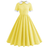 1950S Plaid Splicing Short Sleeves Button Waist Vintage Hepburn Ladies Vintage Dress