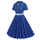 1950S Royal Blue Retro Polka Dot Patchwork Belted Short Sleeve Vintage Dress