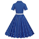 1950S Royal Blue Retro Polka Dot Patchwork Belted Short Sleeve Vintage Dress