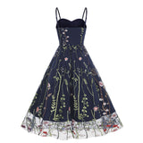 1950S Suspender embroidered mesh splicing Vintage dress