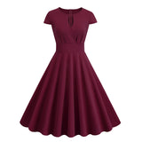 1950S Wine Short Sleeves Red A-Line Keyhole Neckline Vintage Dress